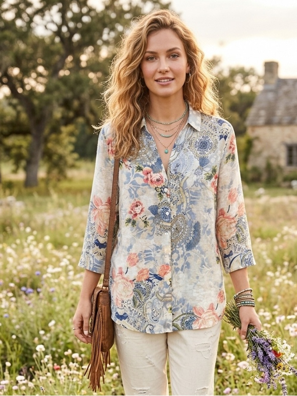 Chico's 100% linen Blue,‎ Coral , Cream Paisley Floral Button-Down Shirt size 12 - Picture 4 of 10